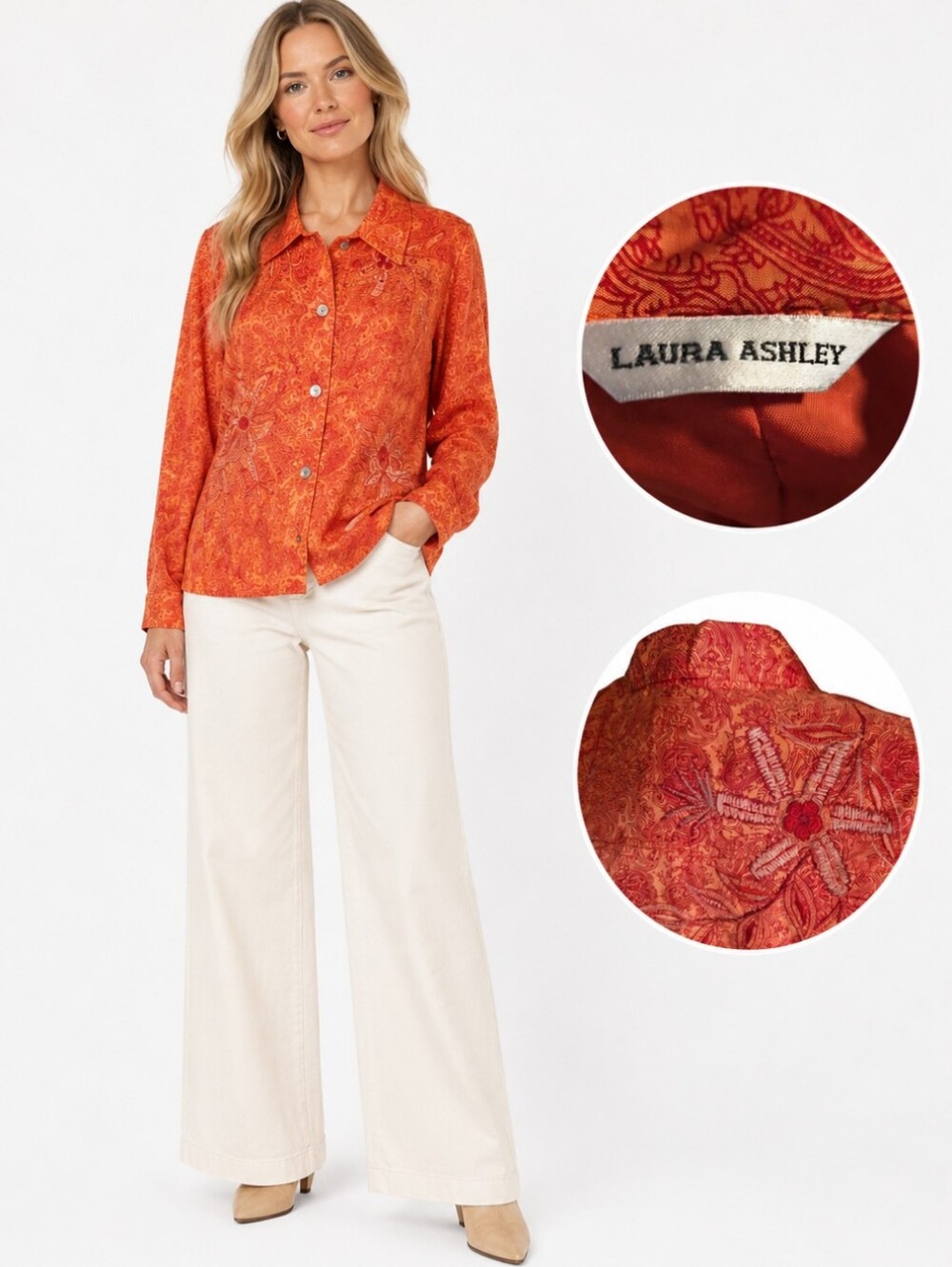 Designer 100% silk orange embroidered tonal print button front shacket Sz L